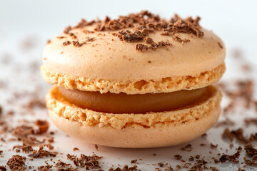 One macaron with cream and grated chocolate