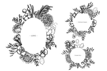 Floral frames with black and white ficus, eucalyptus, peony, cotton, freesia, brunia