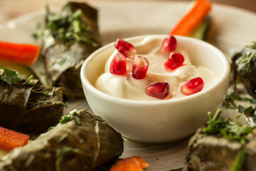 White sauce with pomegranate seeds on a plate with dolma