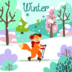 vector image, square, fox rides through a snow-covered forest on skis, inscription, winter, falling snow, color drawing, children's print