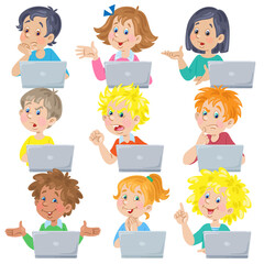 Computer class. Children with laptops. Different nationalities, gestures, emotions. Online education. Set in cartoon style. Isolated on white background. Vector flat illustration.