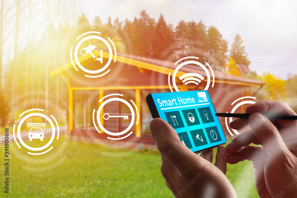 Poster smart home technology interface on the smartphone app screen. a person manages home systems using a 