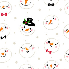 Cute Snowman Heads. Christmas Vector Seamless Pattern. Winter Holiday Background with Cartoon Doodle Snowmen Faces. Winter Holidays, Christmas and New Year Design
