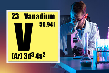 Vanadium chemical element. Vanadium logo in a yellow box. Data on vanadium against the background...