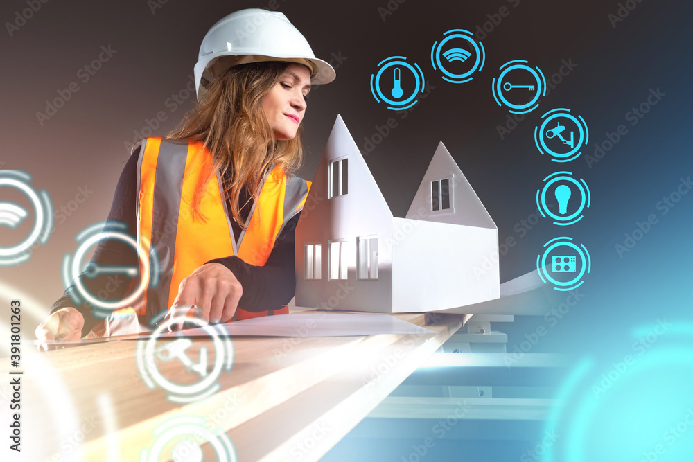 Poster setting up the smart home system. a female engineer develops automation of cottage systems. home aut