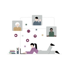 Vector flat illustration of e-learning, online education concept. Student girl is lying on the floor and learning with laptop. Online communication and social media