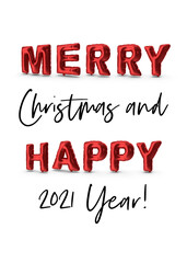 Merry Christmas And Happy 2021 Year Red Balloons 3D Illustration On White Background