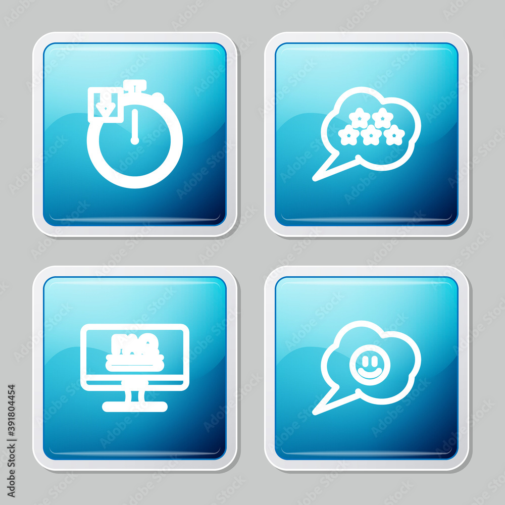 Poster set line stopwatch, five stars rating review, monitor with faq information and speech bubble smile f