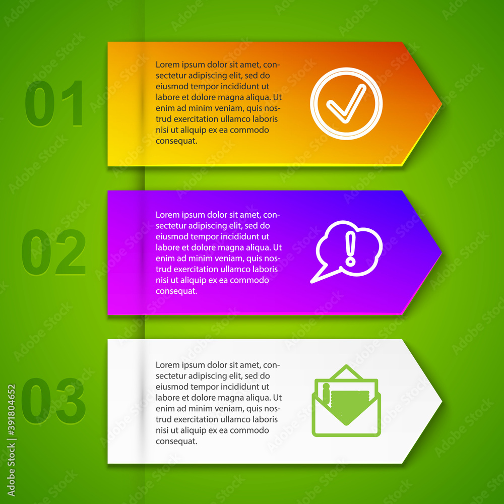 Poster set line check mark in circle, speech bubble exclamation, envelope and open mail box. business infog