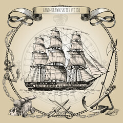 Adventure stories. Pirate background. Old caravel, vintage sailboat. Cannon, ghost ship, shipwreck, sea battle