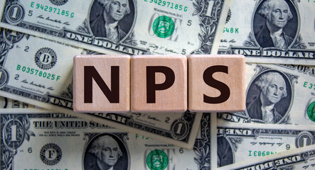 Wood cubes with acronym 'NPS' - 'net promoter score' on a beautiful background from dollar bills. Business concept, copy space.
