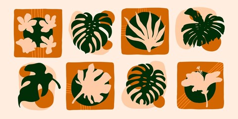 Set of abstract exotic compositions. Modern art background with botanical elements. Design for wall art, tiles, © olechkaart