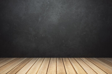 Empty room interior with wooden planks floor and black concrete wall, mockup, spot light
