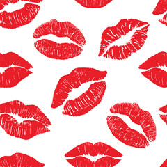 Imprint kiss, Female lipstick kiss print set for valentine day and love illustration isolated on white background. seamless pattern - obrazy, fototapety, plakaty