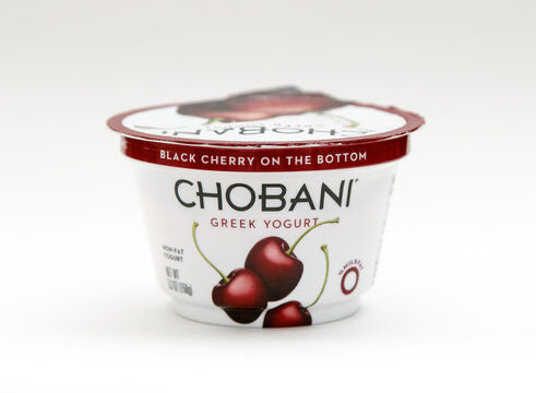 Container of cherry Chobani Greek yogurt.