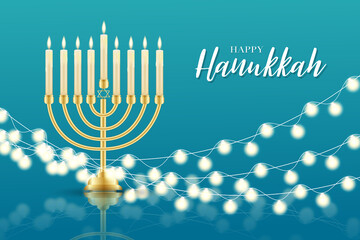 Happy Hanukkah. Traditional Jewish holiday. Chankkah banner or wallpaper background design concept. Judaic religion decor with Menorah, candles, David star. Vector illustration.