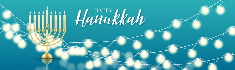 Happy Hanukkah. Traditional Jewish holiday. Chankkah banner or website header background design concept. Judaic religion decor with Menorah, candles, David star. Vector illustration.