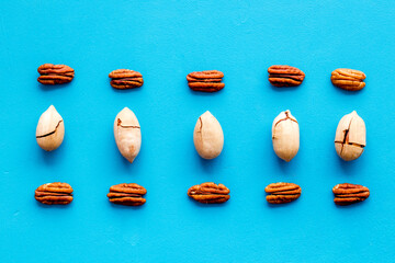 Pecan nuts pattern. Food background, top view
