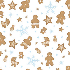 Vector baby gingerbread figures seamless pattern background.