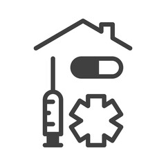 Fototapeta premium Home treatment and self-medication icon during a pandemic. Simple image of a medical syringe and pills under the roof of a house. Isolated vector on white background.