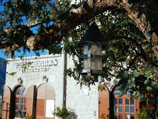 A wrought-iron lantern hangs from a tree against the backdrop of a resort cafe
