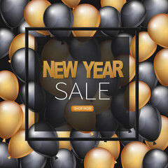 New Year sale banner. Winter holiday design concept with golden and black balloons. Vector illustration.
