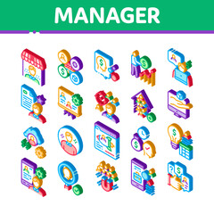 Account Manager Work Icons Set Vector. Isometric Manager Businessman Idea For Sale Production And Marketing, Communication And Leadership Illustrations