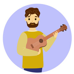 A man stands and plays the guitar