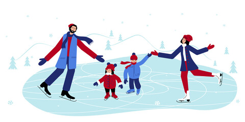 Family members are skating together one the ice in winter. dad and mum teach their children to skate and help them not to fall.