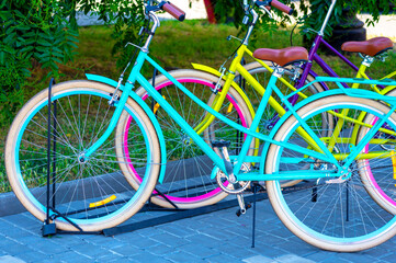  Bicycle transport. Row of bikes.