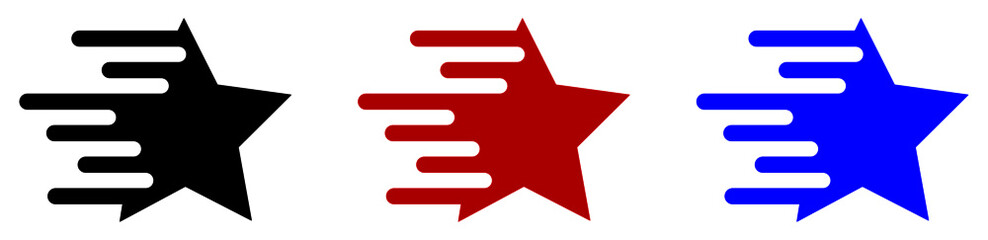 Obraz premium A set of icons of stars in black, red and blue colour. An icon of shooting stars.