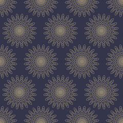 Round ornament, similar to snowflakes or mandals. Beige pattern on a brown background. Abstract geometric elements. Seamless vector illustration.