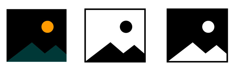 A set of posters. An illustration of photo frame. A logo of a photo gallery. An illustration of hilly terrain with sunshine.