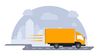 Fast Delivery Vector Truck or Van On Road With City Background.