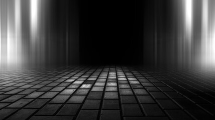 Dark street, black background, glare of light on the wet asphalt. Rays and lines, smoke. Dark city...