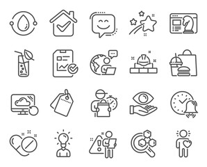 Business icons set. Included icon as Smile face, Education, Alarm bell signs. Sale tags, Friend, Chemistry lab symbols. Medical pills, Report checklist, Construction bricks. Recovery cloud. Vector