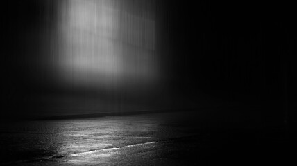 Dark street, black background, glare of light on the wet asphalt. Rays and lines, smoke. Dark city...