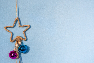 Christmas decorations on a blue background in the style of minimalism