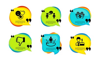 Medical tablet, Augmented reality and Smile icons simple set. Speech bubble with quotes. Consulting business, Dislike hand and Businessman case signs. Vector