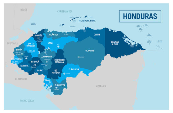 Honduras country political map. Detailed illustration with isolated regions, provinces, departments, states and cities easy to ungroup.