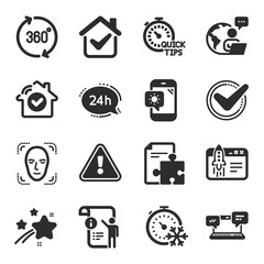 Obraz premium Set of Technology icons, such as 24h service, Weather phone, Freezing timer symbols. House security, Internet chat, Manual doc signs. Confirmed, Start business, Face detection. Strategy. Vector