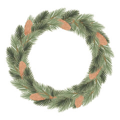 Fototapeta na wymiar Watercolor winter wreath with green fir tree leaves and pine cones. Christmas illustration isolated on white. Perfect for greeting cards, invitation, winter wedding decor and other DIY projects.