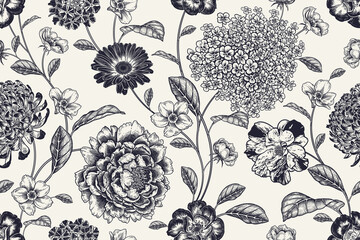 Black and white seamless pattern. Roses, peonies, hydrangea and chrysanthemum. Vector. - 391815077