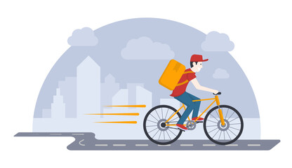 Fast Food Delivery Bike And Man On Road With City Background.