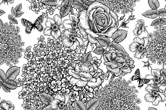 Floral seamless pattern. Flowers hydrangea, roses and butterflies. Black and white. Vector.