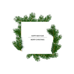 A square white postcard framed with fir branches. Border from pine, Christmas tree branches. Festive decoration for christmas, new year, place for text. Vector illustration isolated.