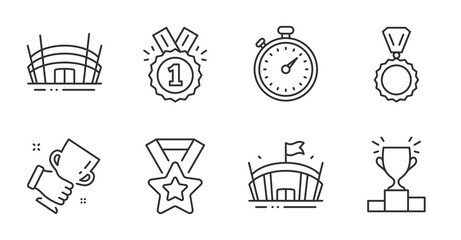 Naklejka premium Winner podium, Arena and Medal line icons set. Winner cup, Arena stadium and Timer signs. Approved symbol. Competition results, Sport stadium, Best trophy. Sports set. Quality line icons. Vector