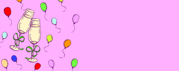 Two glasses, bows and balloons on a pink background. Celebratory banner for birthday, parties, wedding.
