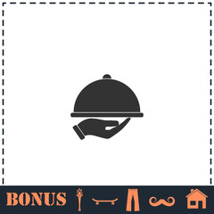 Restaurant cloche in hand icon flat