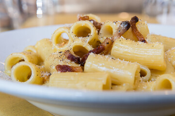 Rigatoni alla carbonara is a specialty dish from Lazio region and Rome area
